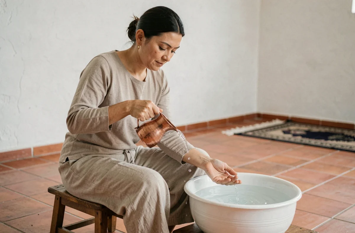 Femme versant de l'eau sur son avant-bras avec une aiguière en cuivre lors des grandes ablutions rituelles