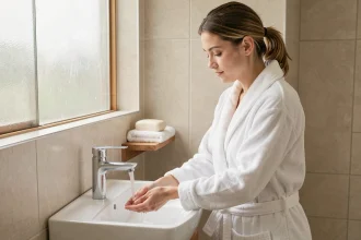 Femme en robe de bain blanche effectuant ses ablutions au lavabo dans une salle de bain propre et épurée