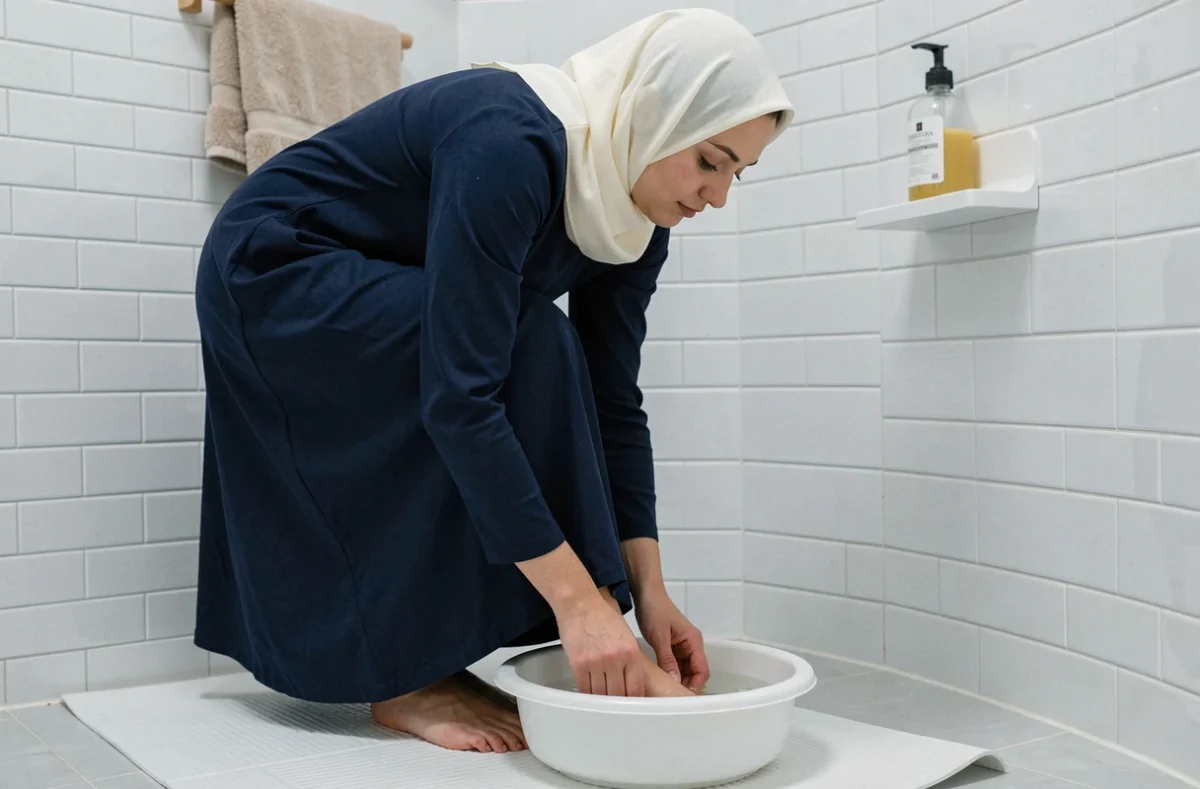 Femme en robe modeste se lavant les pieds dans une bassine blanche lors des grandes ablutions islamiques étape par étape