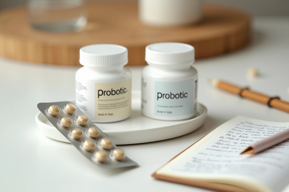 Gros plan sur des bouteilles de probiotiques et un carnet de notes pour comparer les souches bactériennes indiquées sur les étiquettes