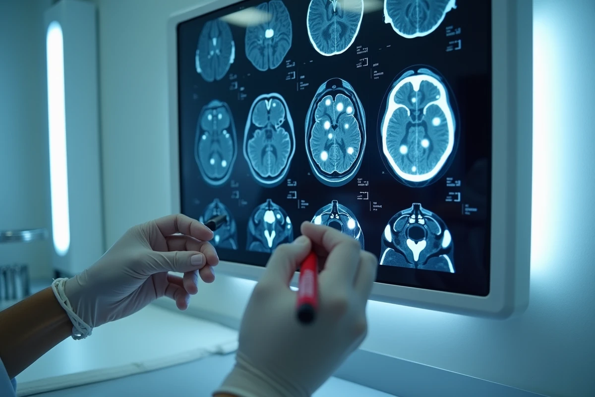 Gros plan sur des films IRM cérébraux affichant des hypersignaux de substance blanche tenus par un médecin