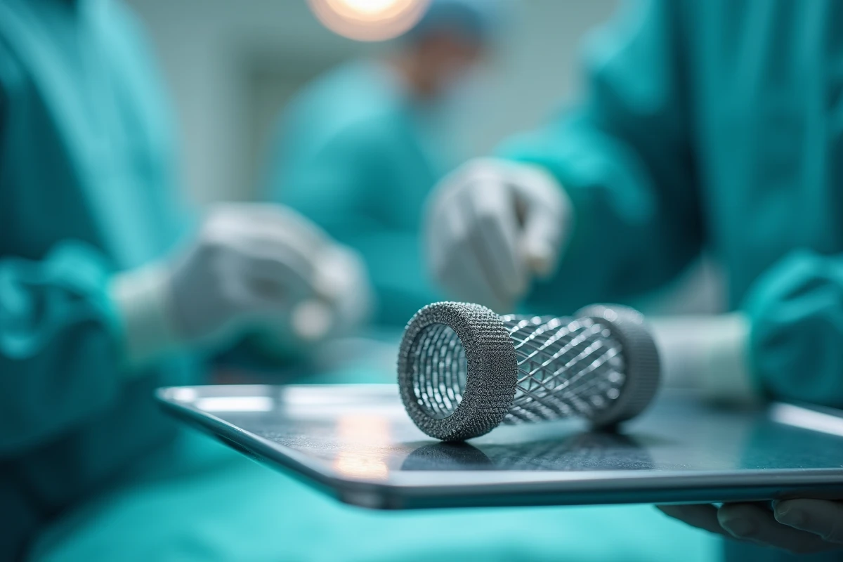 Gros plan d'un stent coronarien métallique sur plateau chirurgical illustrant la structure et la durée de vie du dispositif médical