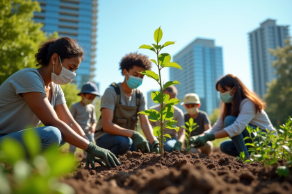 Groupe de personnes plantant des arbres dans un parc urbain ensoleille