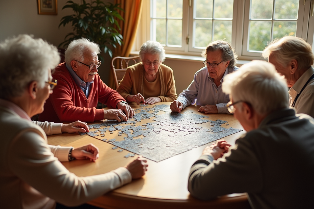 Groupe de seniors collaborant sur un puzzle dans une salle lumineuse