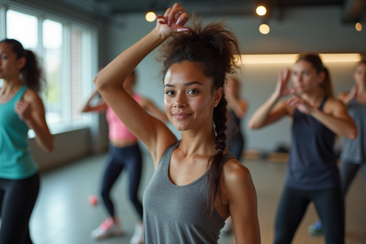 Groupe de personnes diverses faisant des exercices dynamiques en studio moderne
