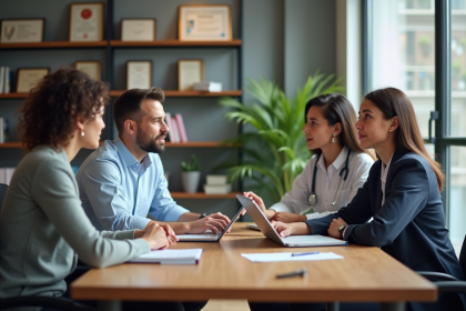 Groupe de professionnels de santé en réunion dans un bureau moderne