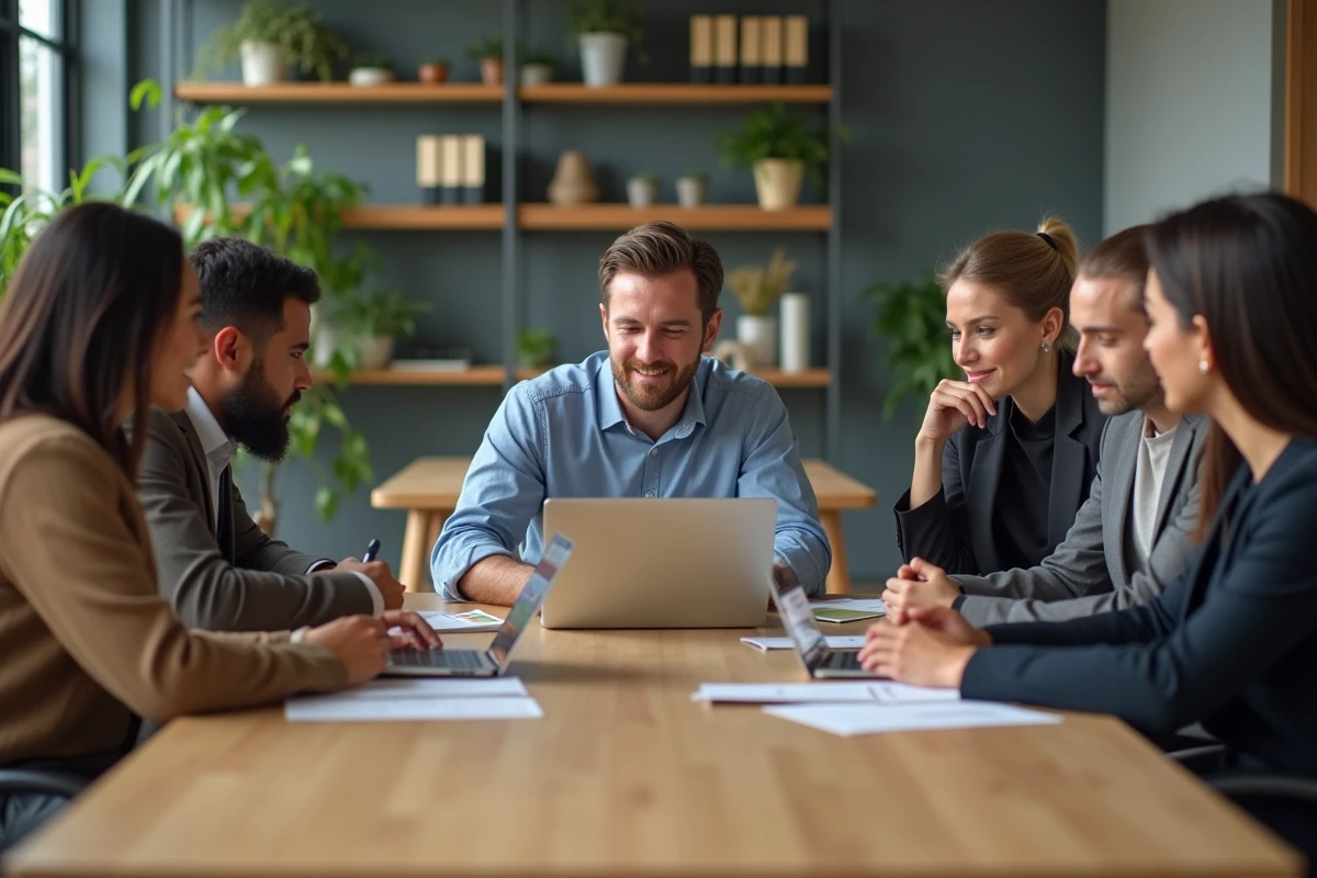 Groupe de professionnels en réunion dans un bureau moderne
