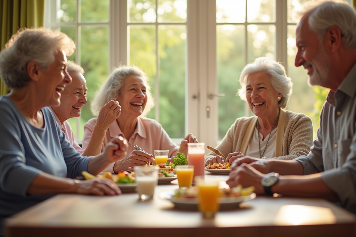 Groupe de seniors partageant un repas sain en famille
