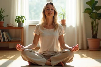 Femme pratiquant la méditation chez elle après guérison de névralgie pudendale, assise sur un tapis de yoga dans un salon apaisant