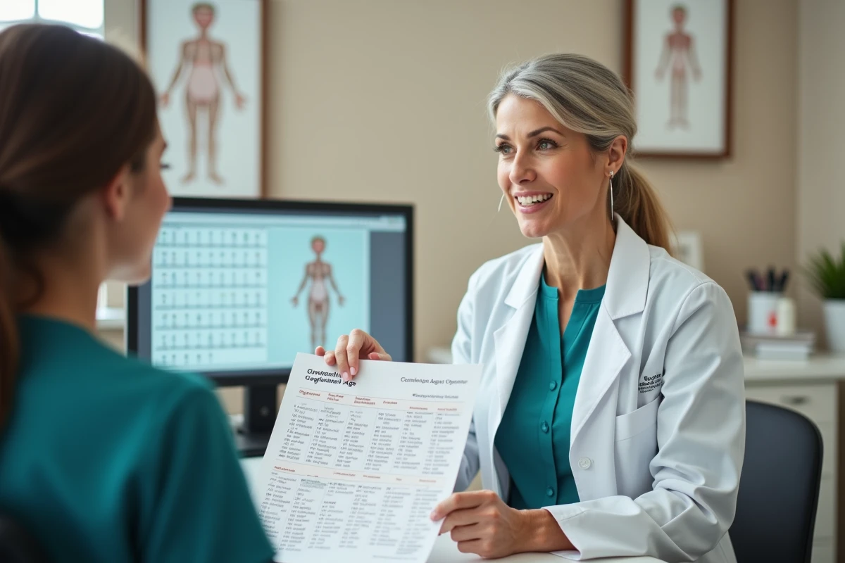 Gynécologue expliquant le calcul du terme de grossesse à l'aide d'un calendrier obstétrical dans un cabinet médical