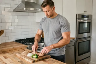 Homme sportif de 70 kg préparant un repas hypercalorique riche en protéines dans une cuisine moderne
