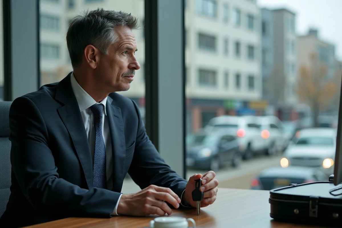 Homme d affaires regardant par la fenetre de son bureau