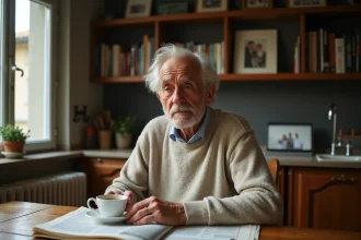 Homme âgé en intérieur à Paris avec journal et thé