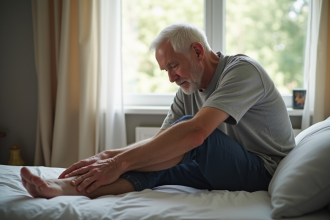 Homme agee assis sur le lit massant ses jambes