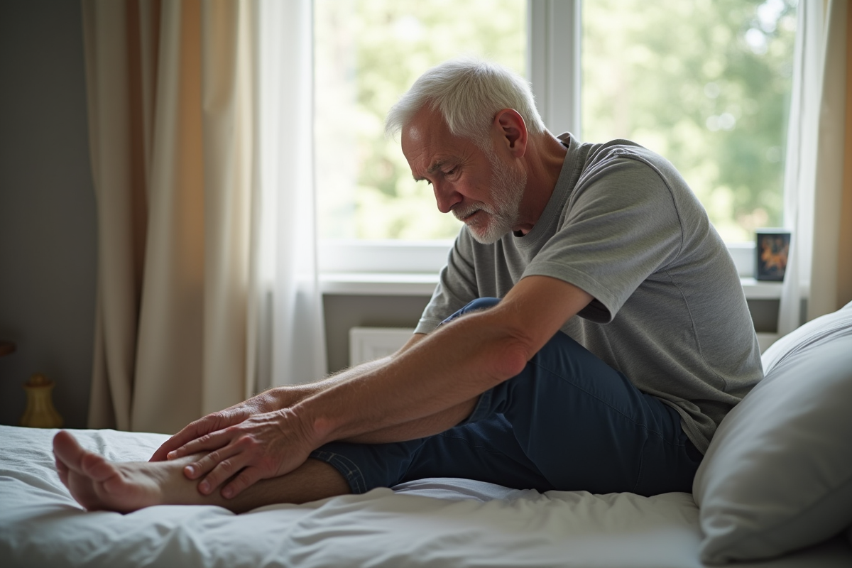 Homme agee assis sur le lit massant ses jambes