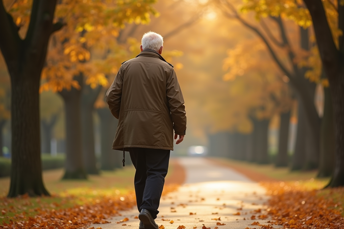 Homme age marche dans un parc automnal