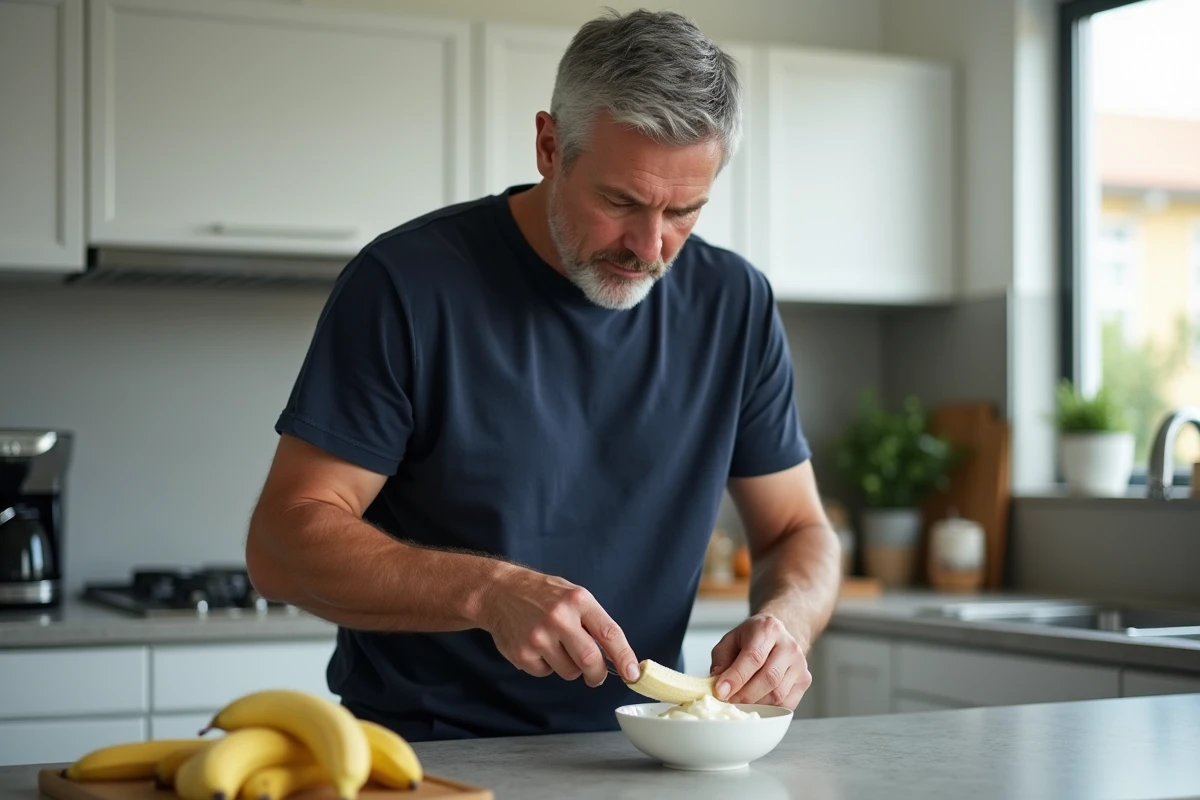 Homme coupant une banane dans un bol de yaourt le soir dans sa cuisine, dans le cadre d'une routine pour améliorer le sommeil