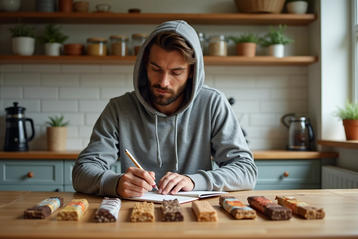 Homme comparant différentes barres nutritionnelles Feed sur un plan de travail en cuisine à domicile