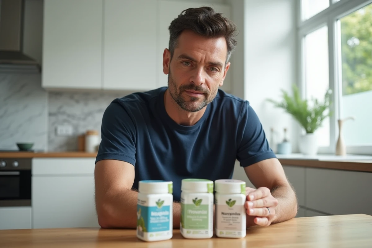 Homme comparant plusieurs boîtes de probiotiques sur une table de cuisine pour identifier le meilleur produit contre l'intestin irritable