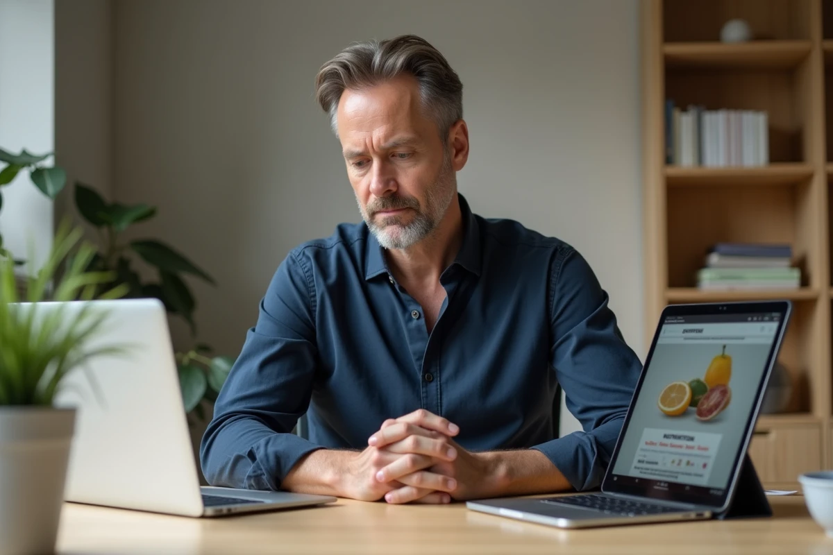 Homme comparant un blog minceur et une application de suivi nutritionnel sur ordinateur et tablette