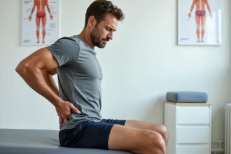 Homme assis sur une table de kinésithérapie tenant le bas de son dos, illustrant une douleur haut des fesses