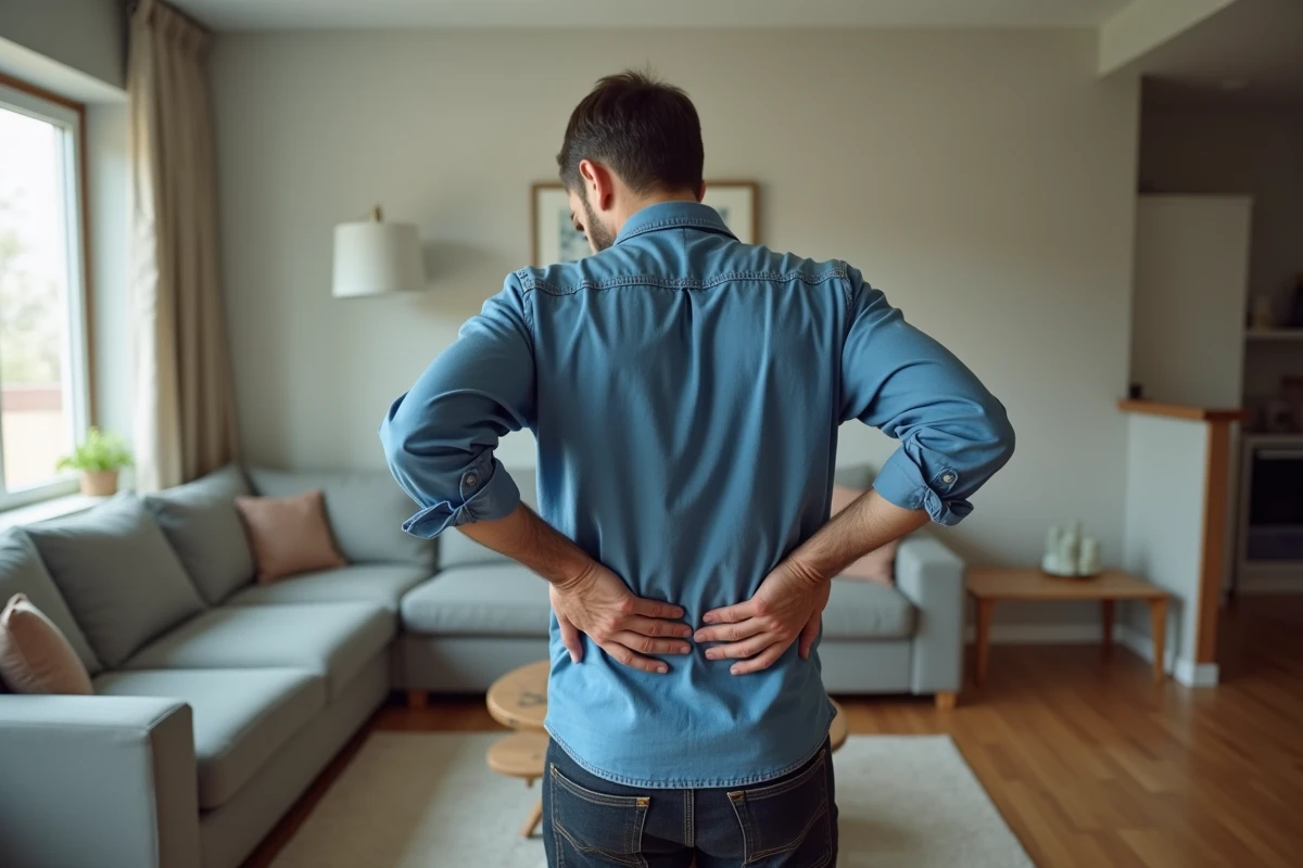 Homme debout dans son salon se tenant le bas du dos avec les deux mains en signe de douleur lombaire basse