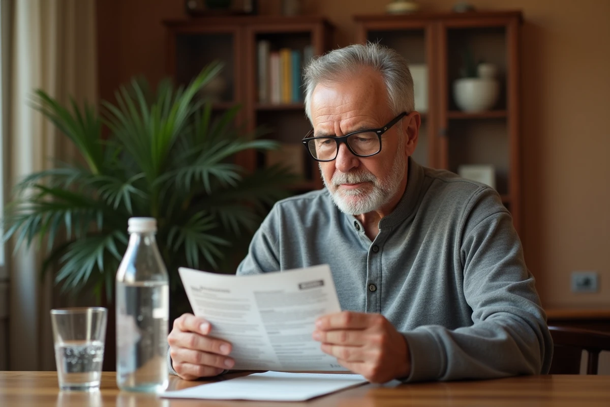 Homme d'âge mûr consultant une notice sur les bienfaits de l'eau Saint Antonin contre la constipation à table