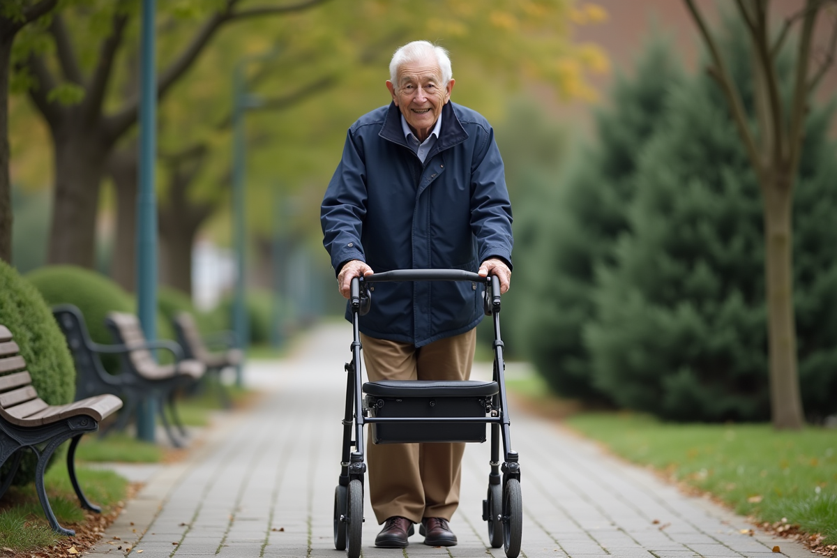 Homme âgé poussant un rollator dans un parc calme