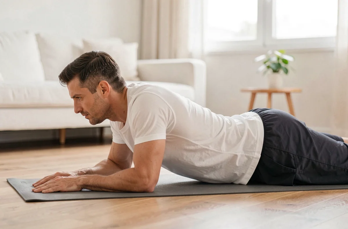 Homme effectuant un étirement doux du dos sur un tapis de yoga à domicile pour soulager les tensions dorsales
