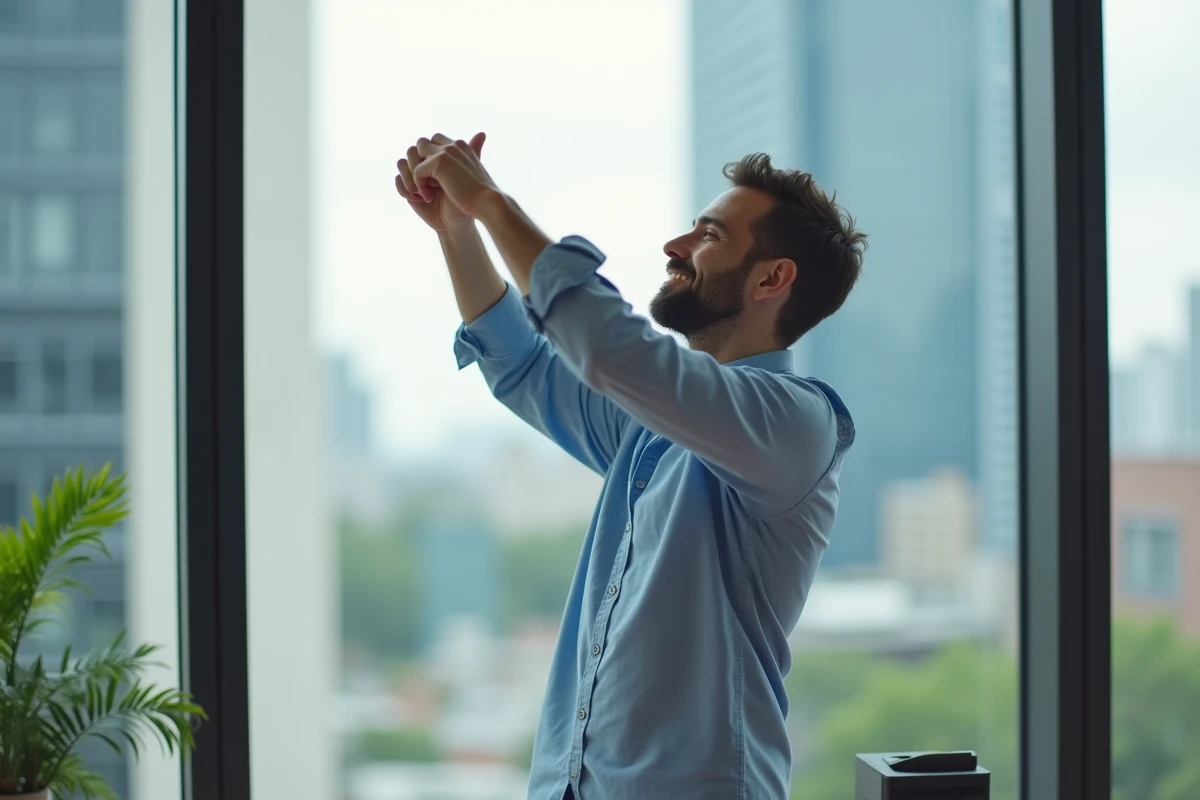 Homme au travail &eacute;tirant les poignets pour pr&eacute;venir les fourmillements et paresth&eacute;sies li&eacute;s au bureau