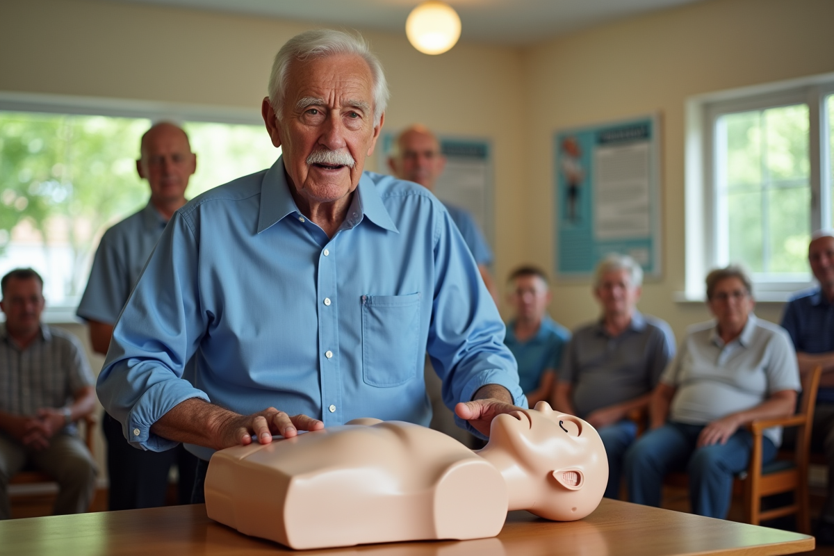 Homme d age montre la manoeuvre Heimlich sur un mannequin dans une salle lumineuse