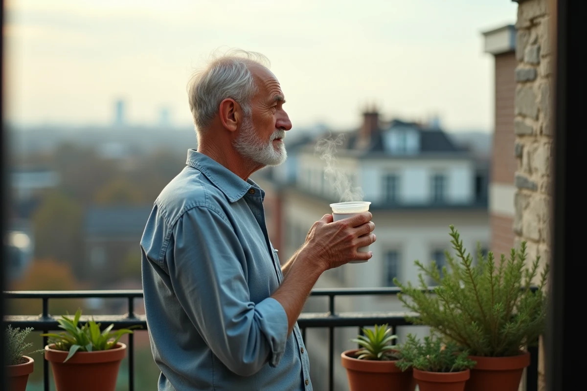 Homme inhalant infusion de thym sur un balcon urbain