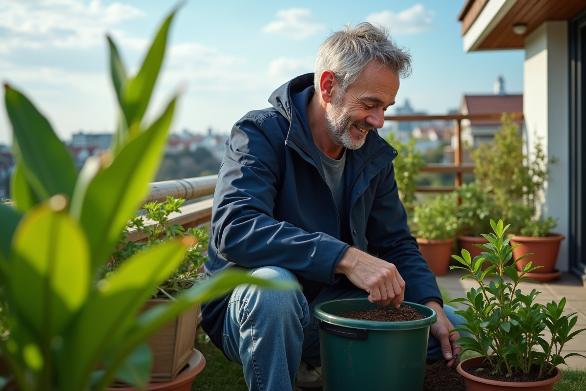 Homme cultivant un petit jardin sur son balcon en ville