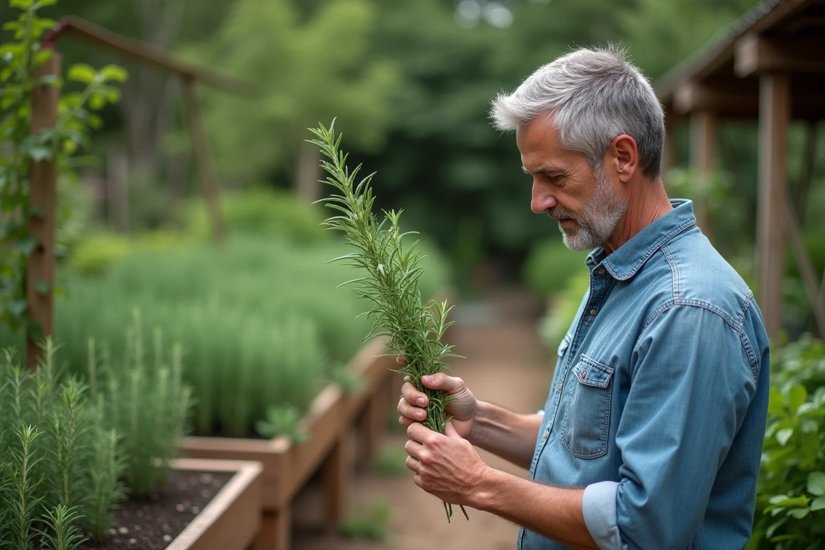 Homme inspectant des branches de romarin dans un jardin bio