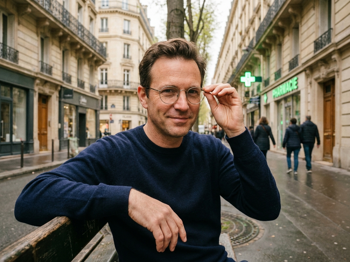 Homme ajustant ses nouvelles lunettes rondes en métal sur un boulevard parisien haussmannien