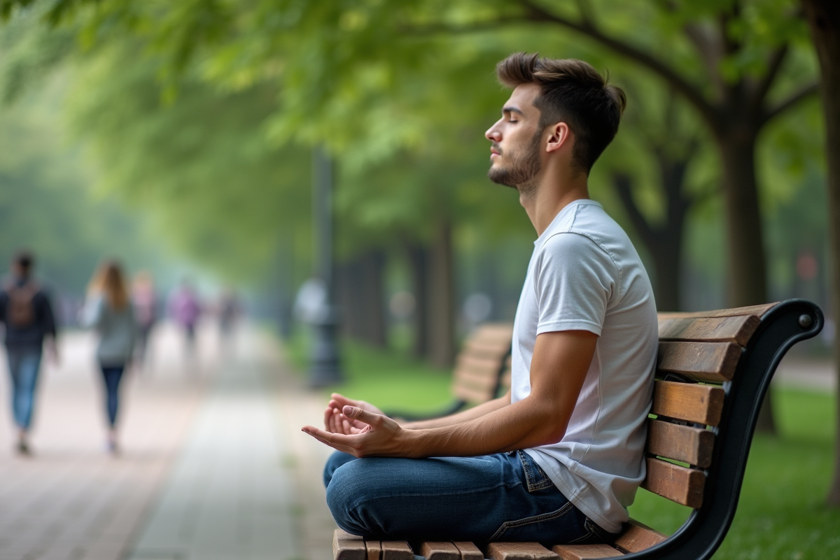 Jeune homme méditant sur un banc dans un parc urbain