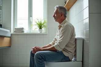 Homme d'âge moyen assis sur un WC moderne dans une salle de bain lumineuse