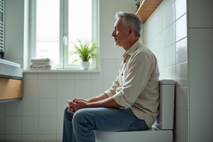 Homme d'âge moyen assis sur un WC moderne dans une salle de bain lumineuse