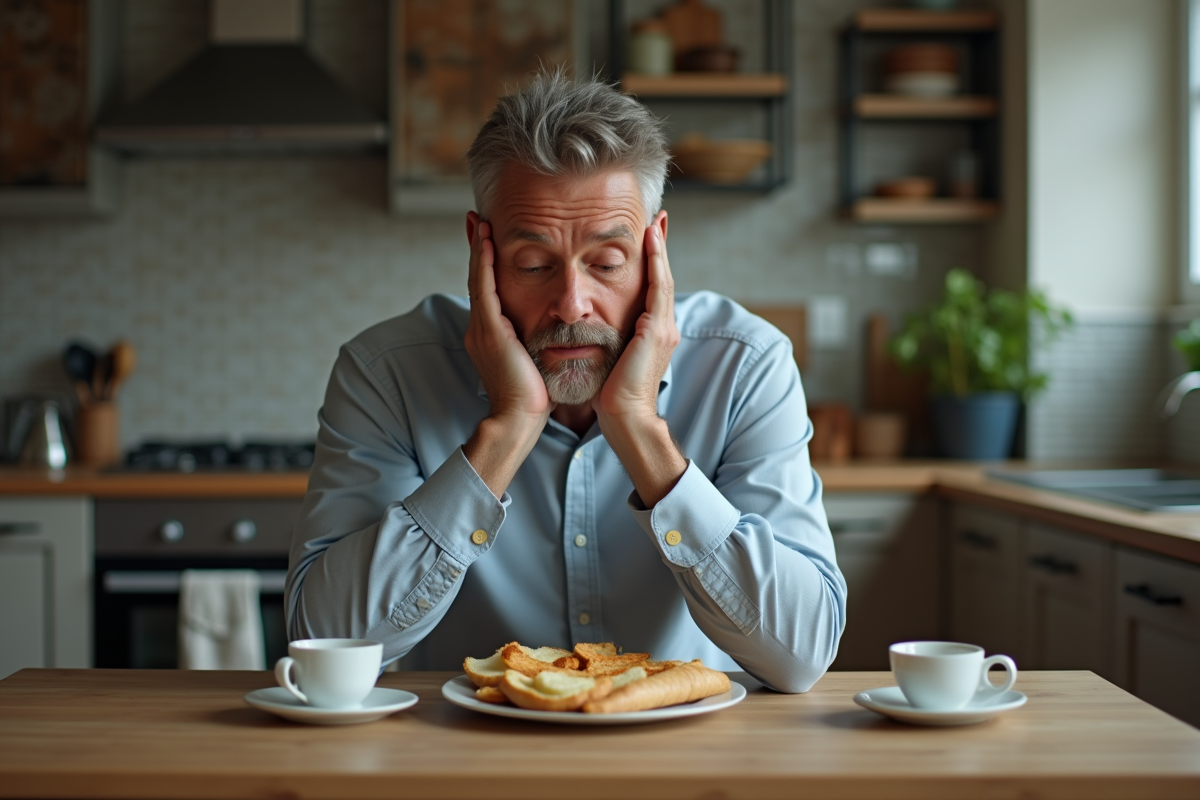 Homme pensif au petit déjeuner dans la cuisine