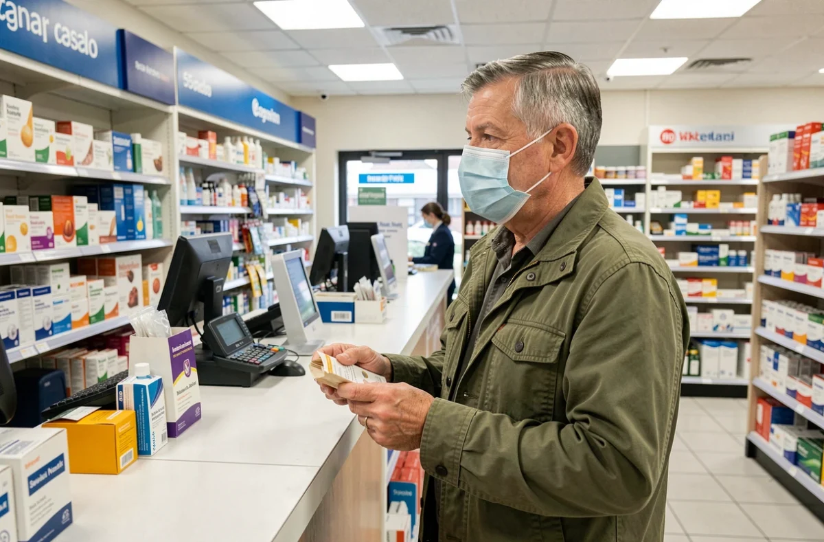 Homme masqué récupérant des médicaments en pharmacie face au nouveau variant Covid 2026