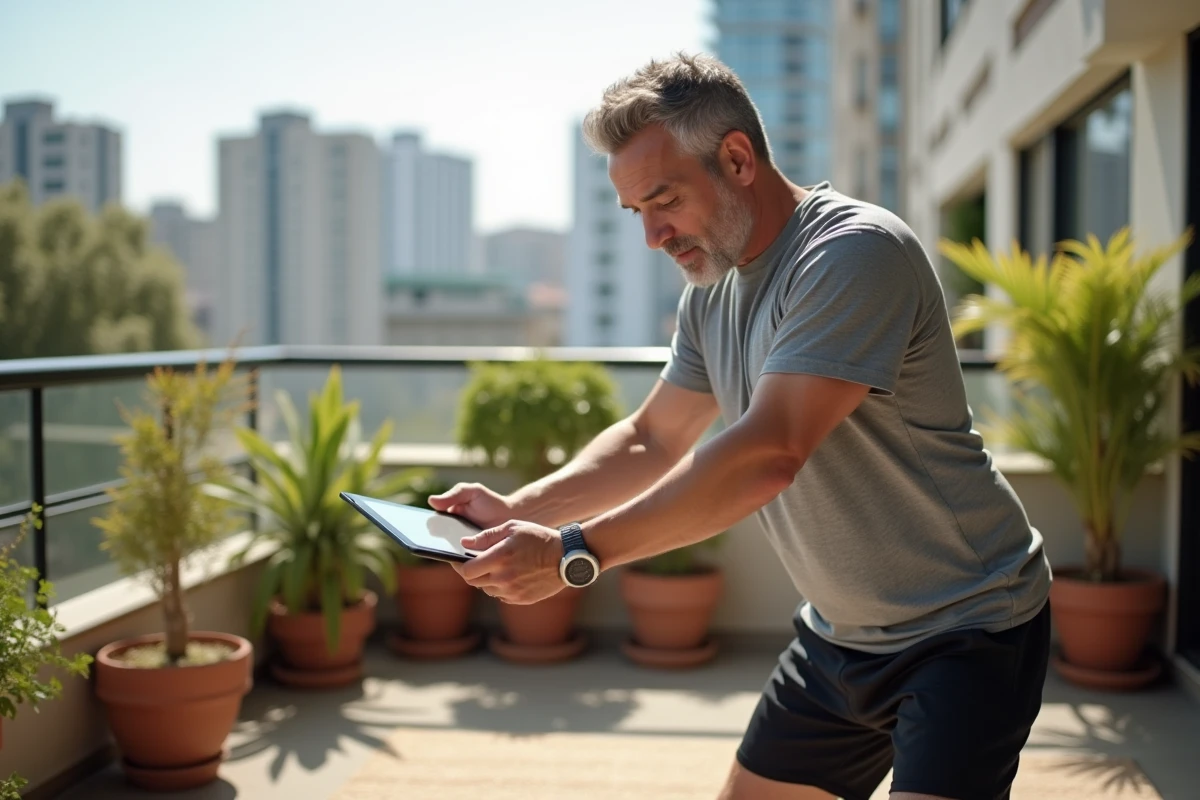 Homme en Pilates sur une tablette dans un balcon urbain ensoleille