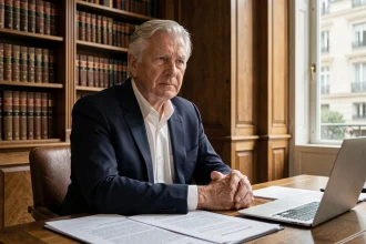 Portrait d'un homme politique senior assis à son bureau dans un bureau institutionnel parisien, expression sérieuse et posée