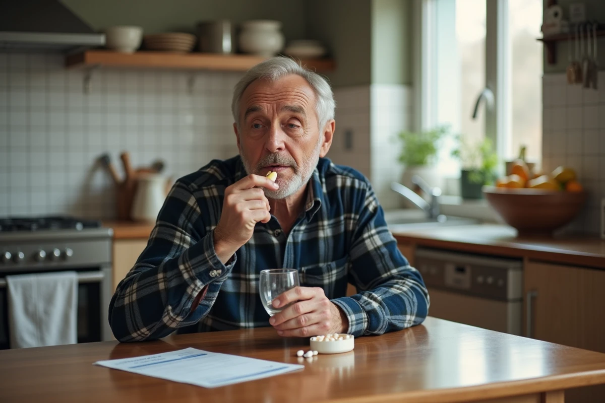 Homme d'âge mûr prenant une gélule de vitamine B12 à la maison avec une ordonnance médicale posée sur la table de cuisine