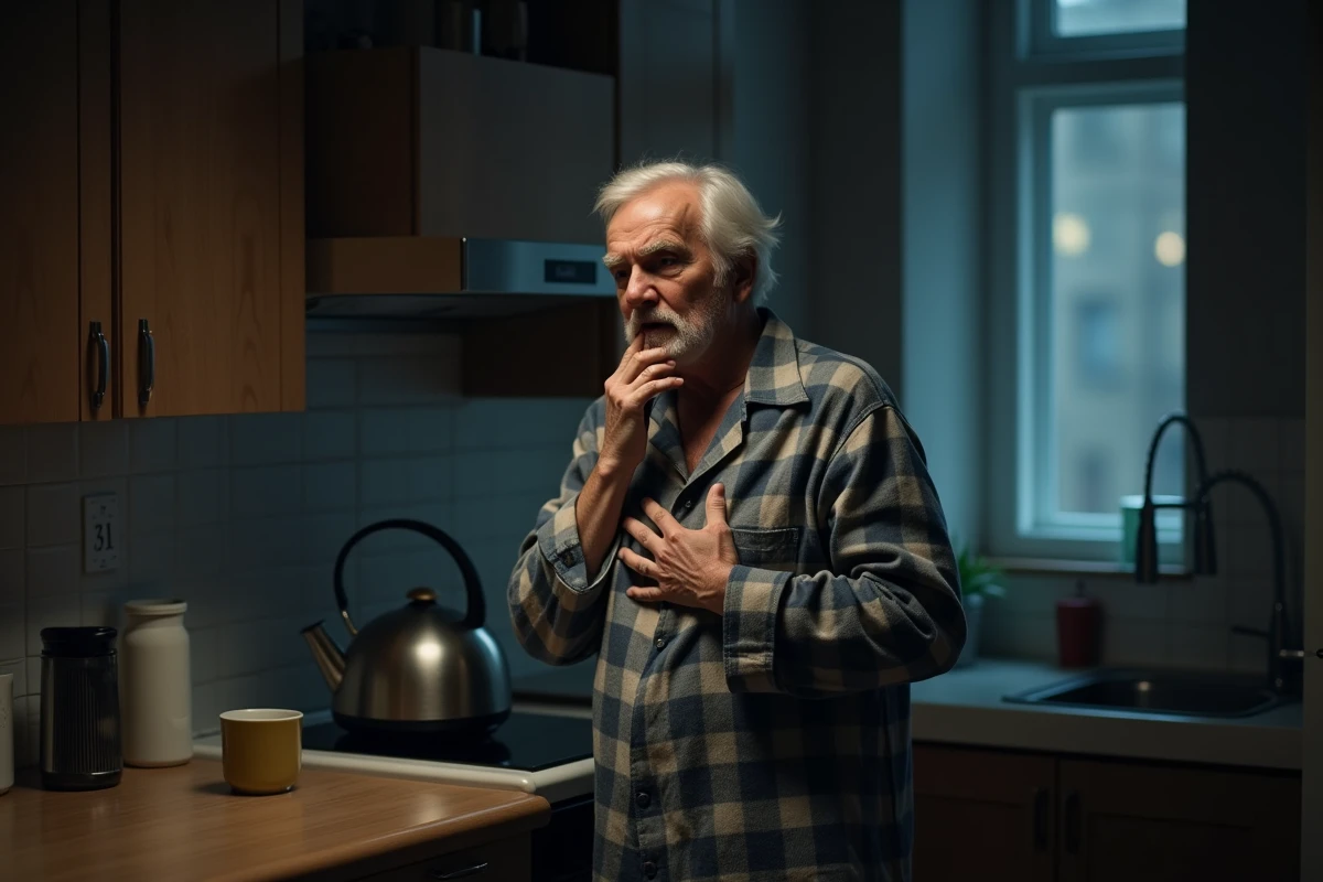 Homme âgé toussant dans la cuisine la nuit