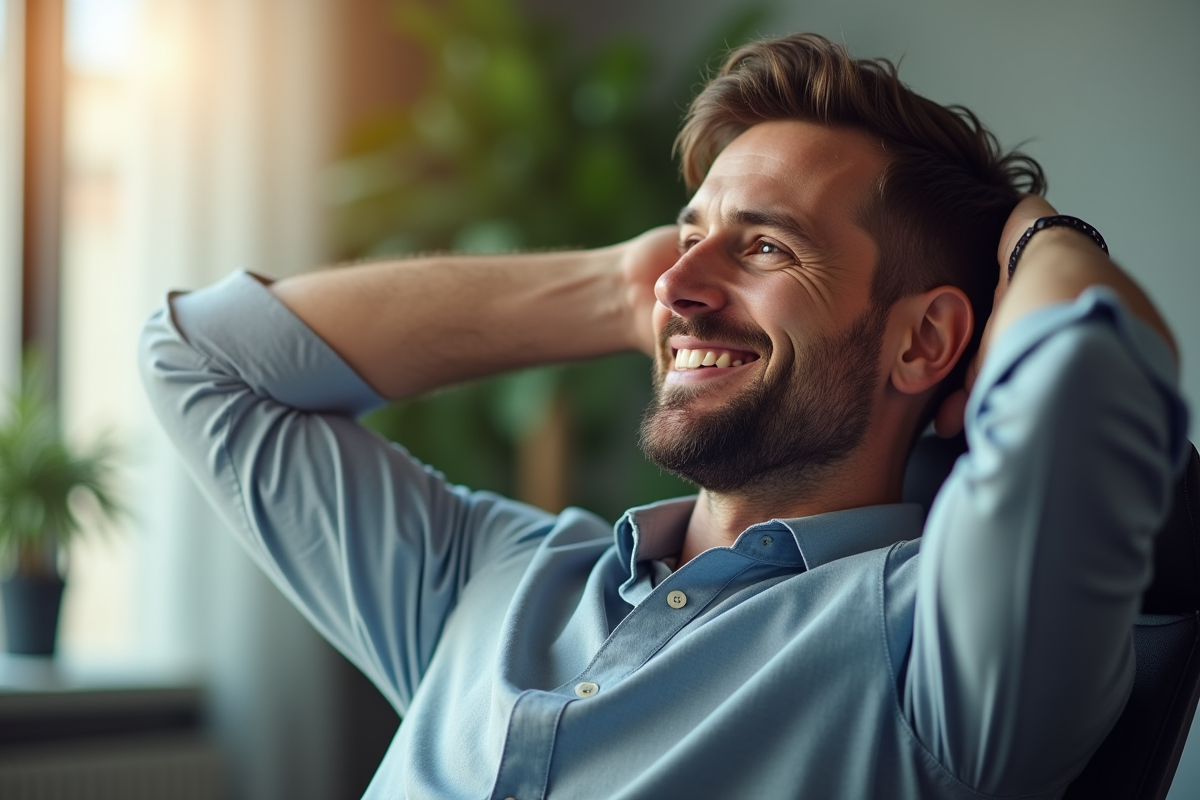 Homme détendu souriant à son bureau en journée claire