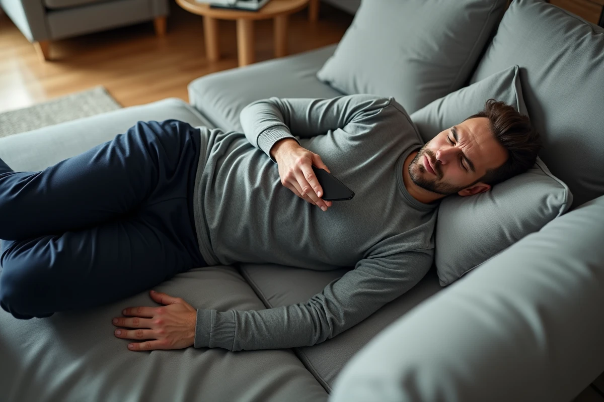 Homme allongé sur le côté sur un canapé avec un coussin sous la hanche pour soulager la douleur du coccyx