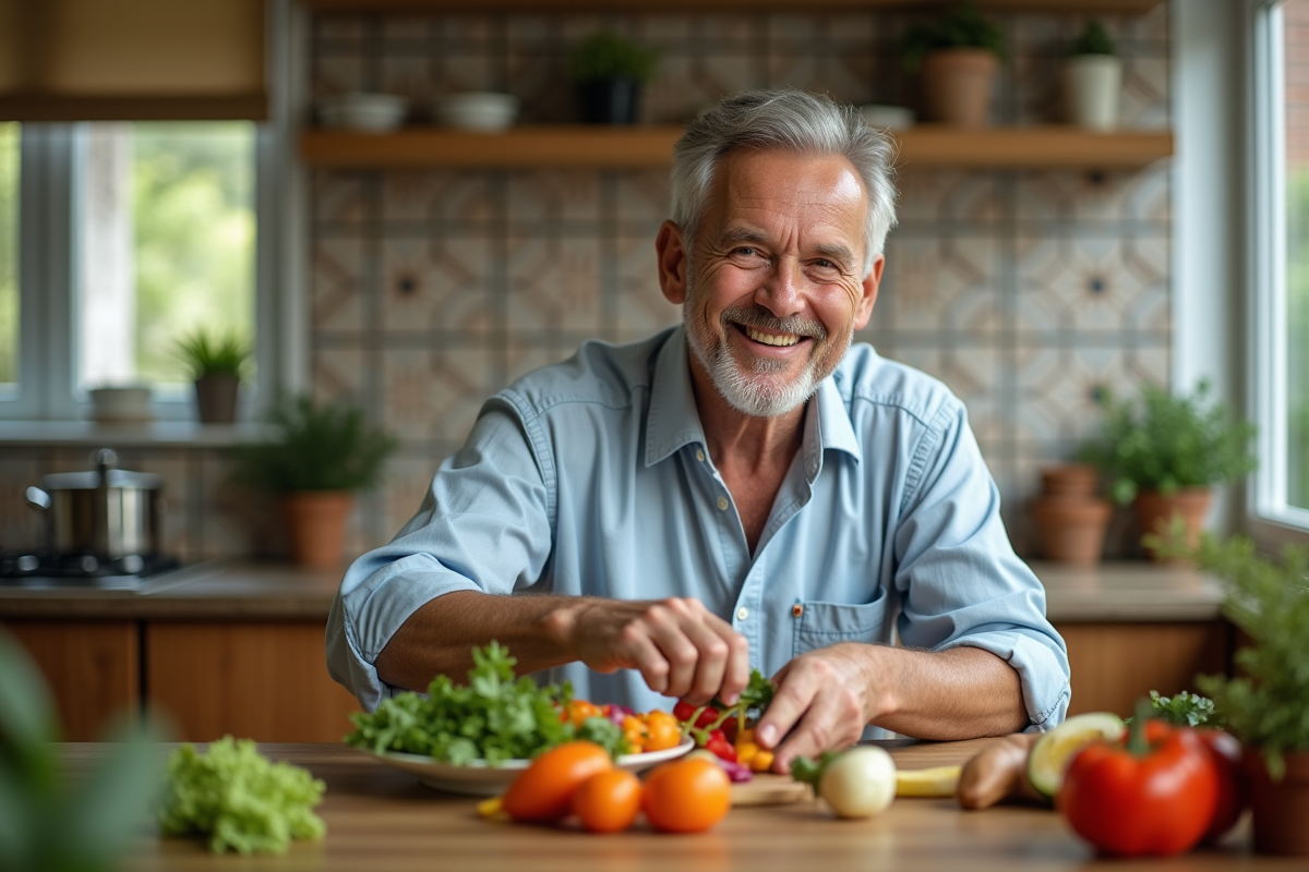 Homme senior préparant une salade colorée à la maison