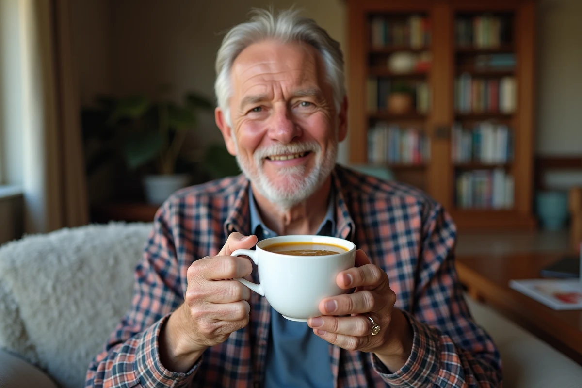 Homme &acirc;g&eacute; d&eacute;gustant une soupe dans un salon chaleureux