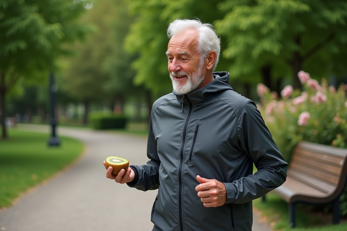 Homme en jogging examinant un kiwi dans un parc