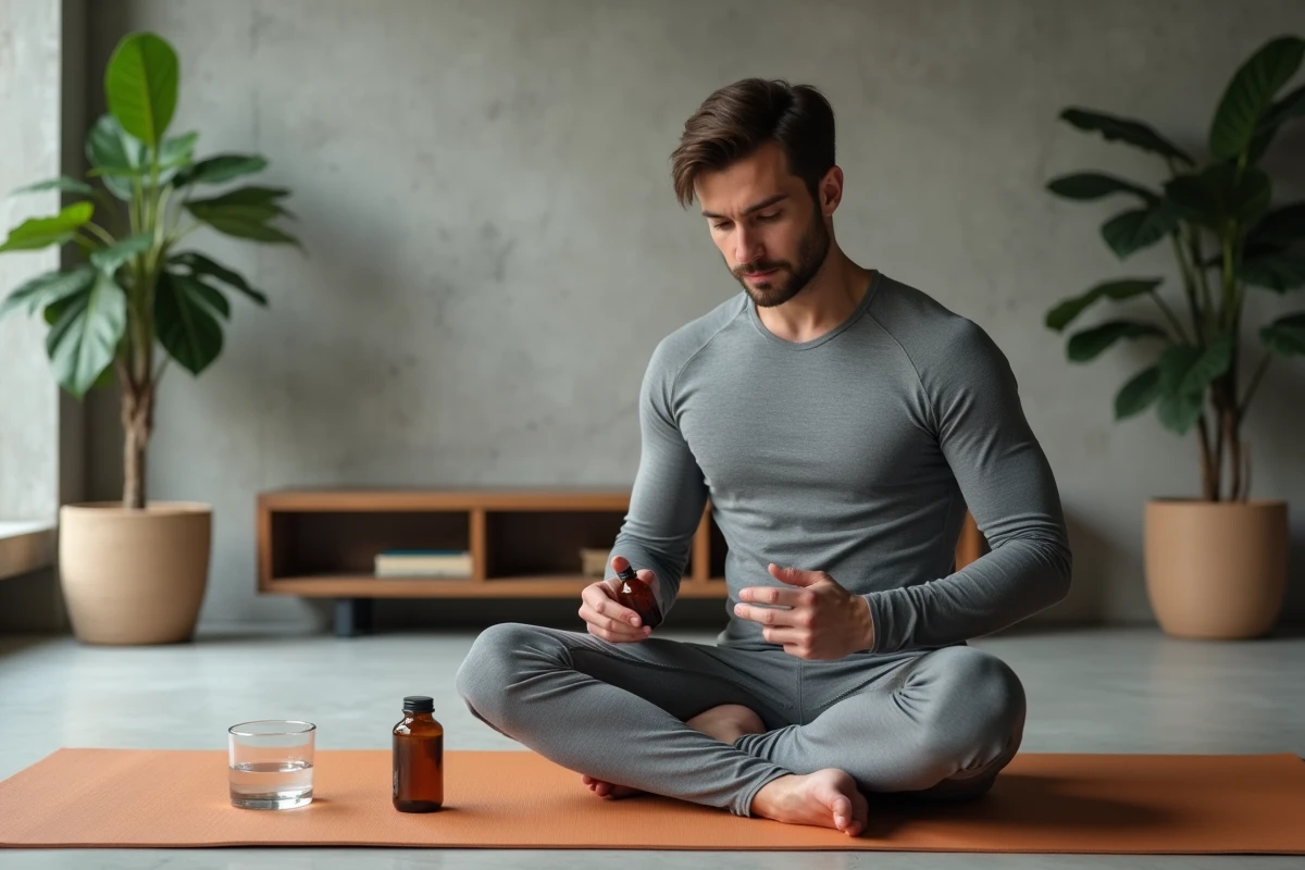 Homme en tenue sportive examinant un supplément postbiotique sur un tapis de yoga, symbolisant l'énergie et le bien-être immunitaire au quotidien